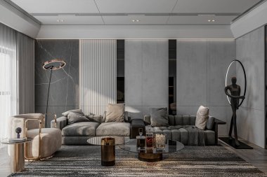 İç mekan, zarif ve klasik kanepe ve dekorasyonlu oturma odası.