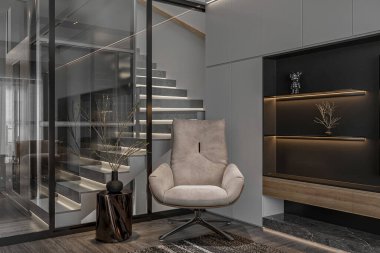 Modern oturma odasının İskandinav tarzı iç tasarımı