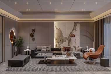 Modern evdeki 3D lüks oturma odası iç tasarımı