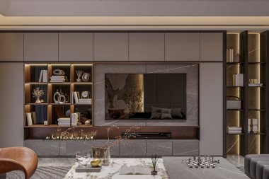 Şömineli oturma odası ve TV tiyatrosu havası.