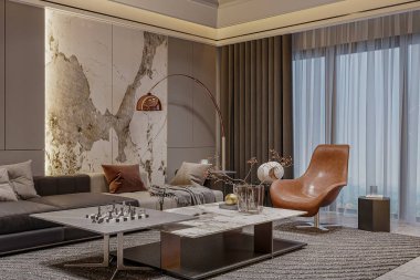 Modern oturma odasındaki mermer döşeme, iç mekan, kanepe, 3D döşeme.