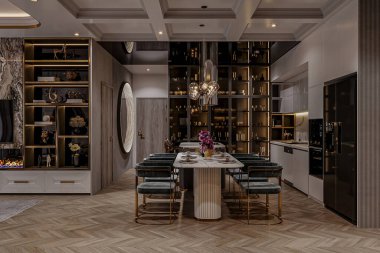 Modern yemek iç mimarisi, modern mutfak odasının yanında karanlık bir düzen içinde.