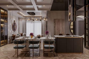 Kristal Chandelier 'le şahane bir yemek ve yemek masalı naneli sandalyeler.