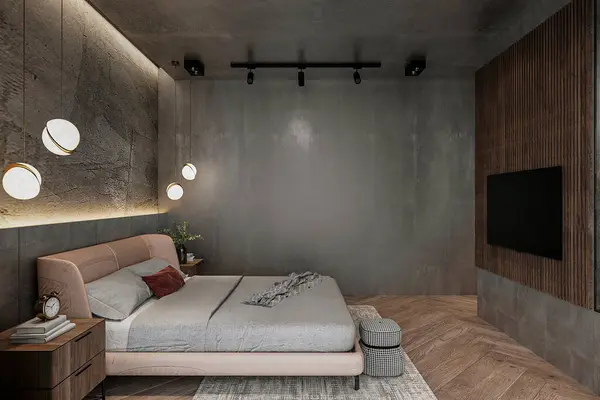 Luxury comfy bedroom interior design with grey comfy bed, gray wall marble textureLuxury comfy bedroom interior design with grey comfy bed, gray wall marble texture