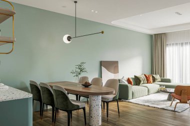 Modern yemek odasının iç tasarımı ve minimalist tarzda oturma odası.