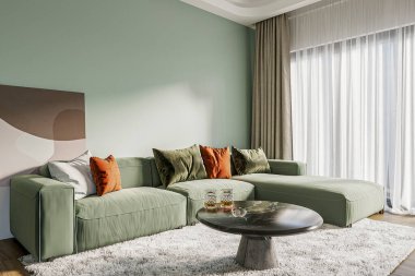 Oturma odasındaki kanepede, arka planda, güneş ışığında poster çerçevesi.