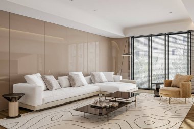 Beyaz kanepesi, desenli halısı ve sıcak çevresi olan iç tasarım parlak ve beyaz oturma odası.