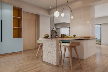 Konsept kat planı, beyaz mermer yemek masası ve şık ahşap sandalyeli yemek alanı.