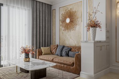 Sıcak İskandinav aile evi. Oturma odası.