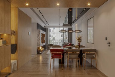 Modern apartman yemek odası iç dizaynı. Parke zemininde kırmızı ve gri sandalyeler var.