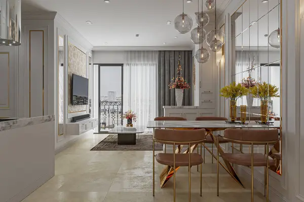 stock image Beautiful nest lighting hanging over the dining table, neutral color for interior.