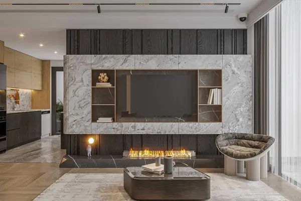 Stock image Modern Living room interior design with TV panel above the firebox, and armchair.