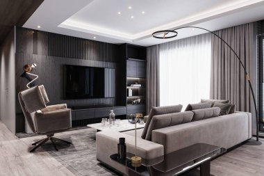 3D görüntüleme, temiz ve düzenli modern oturma odası tasarımı, ayakkabı dolabı, kanepe, televizyon, masa