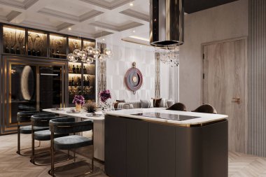 Parlak siyah dolapları ve mermer tezgahları olan modern bir mutfak.