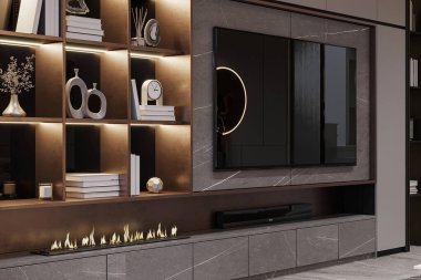 Televizyon, şömine ve duvar raflarıyla modern salon tasarımı fikirleri.