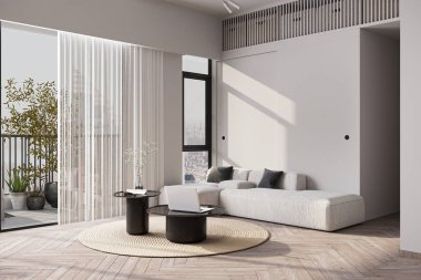 Oturma odasının modern iç kısmı parlak ve temizdir. 3B illüstrasyon