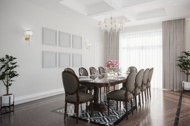 Ahşap döşemesi olan resmi bir yemek odası.