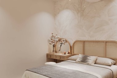 Parlak yatak odası, yataklı, komodinli.