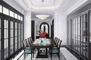 Masanın üzerinde zarif bir avize asılı lüks bir yemek odası.