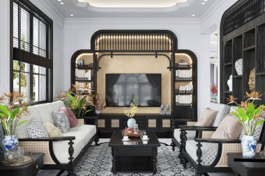 Orta Çağ Modern Oturma Odası ahşap kahve masası ve beyaz desenli kanepe.