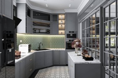 Minimum hafif İskandinav mutfağı. Çatal bıçaklı beyaz mobilyalar, çömlekli raflar.