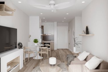 Modern ev beyaz tonlarla süslenir ve güneş ışığı iç mekanı aydınlatır..