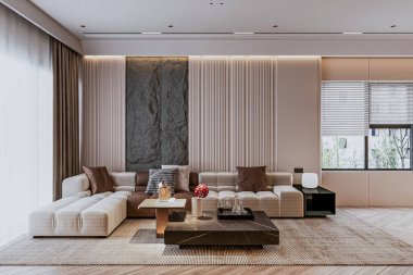 Büyük lüks, modern, zarif iç mekanlar. Oturma odası maketi gibi..