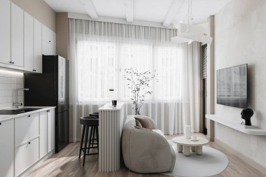 Açık mutfağın önünde hoş ve parlak bir yaşam alanı var.