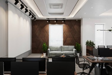 Ofis masası ve sandalyeli boş modern konferans odası manzarası .