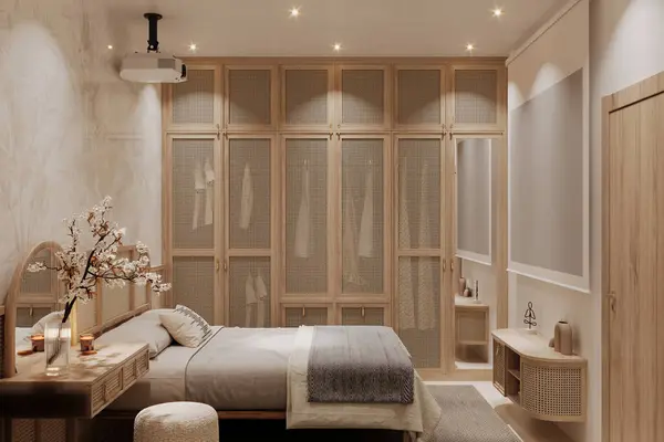 a small bedroom with a wall-mounted wardrobe and concealed storage