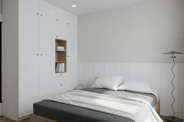 Canvas frame on the white room interior,minimal bedroom interior mock up, empty white wall,