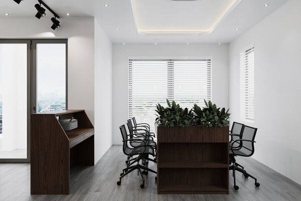 A minimalist meeting room with clean lines, neutral tones, and a focus on functionality