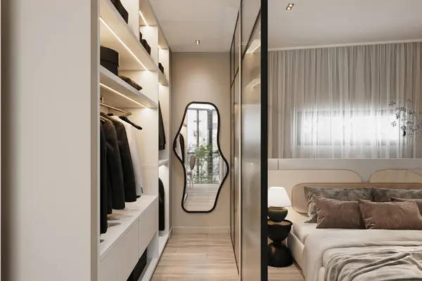 A style warm wood walk in closet, minimal walk in wardrobe dressing room interior.