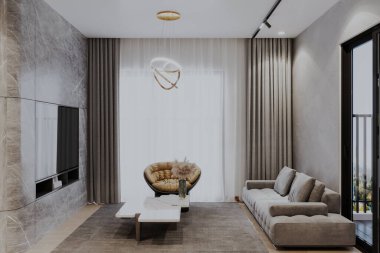 Minimalist bir oturma odası, tek bir çağdaş kanepenin bulunduğu doğal ışıkla yıkanmış.