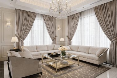 Beyaz ve klasik tarz oturma odalarının sofistike bir karışımı davetkar bir atmosfer yaratır.
