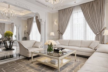 Beyaz Klasik ve Çağdaş Tarzların Sofistike bir karışımı Bir Davet Odası Oluşturur.