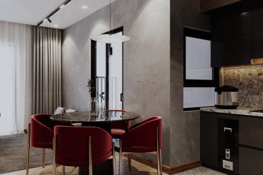 Parke zemininde siyah yemek masası olan klasik minimal kırmızı sandalyeler, modern iç tasarım.