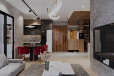 Lüks evin iç tasarımı. Oturma odası, 3 boyutlu.