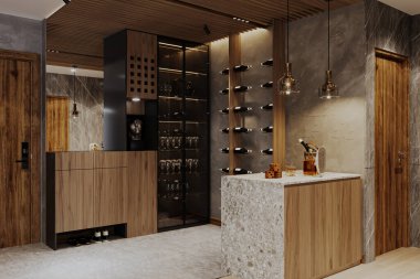 Ayakkabı dolabının yanında bar tezgahı olan şarap şişesi olan modern şarap deposu.