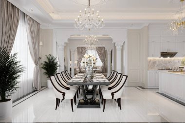 Beyaz mermer yemek odası iç dizayn özelliği beyaz klasik sandalyeler ve masa