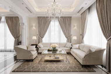 Pencerenin yanında kanepe olan modern oturma odasının sıcak tonları..