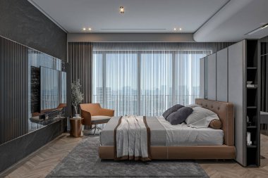 3D görüntüleme modern yatak odası iç mekan tasarımı, büyük pencereden şehir manzarası