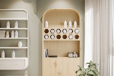 Beyaz duvarda banyo takımı olan resepsiyon.