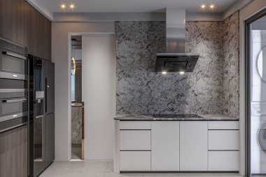 İç kısımdaki modern beyaz-gri mutfak modern aksesuarlara sahiptir.