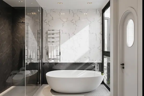 Light luxury bathroom interior with sink and tub, mirror