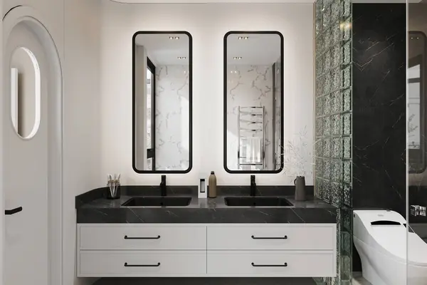 White bathroom corner, marble sink with mirror