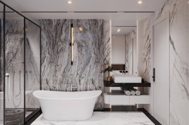 Serbest küveti, daha az cam banyosu ve mermer döşemeleri olan çağdaş bir banyo.