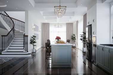 Muhteşem koridorda açık mutfağın yanında beyaz ve klasik iç mekan olan bir merdiven bulunur.