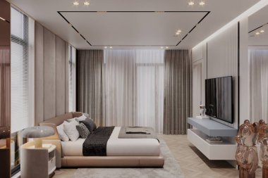 Lüks dairelerde ana yatak odası. Konforlu yatak ve diğer şeyler.