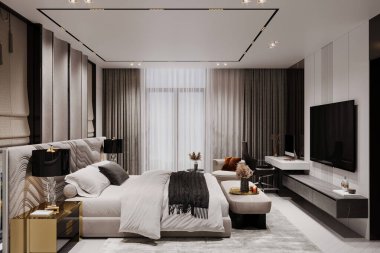 Lüks bir dairede ana yatak odası, net ve temiz çizgiler dekorasyonu.